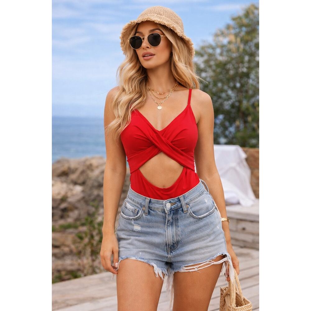 Eomenie XL Red Cutout Monokini One Piece Tummy Control‎ Tie Back NWT Resort